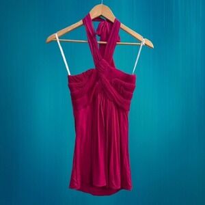 NEW Sky Magenta Pink Pleated Chiffon Tie Halter Cross Front Blouse Top Small